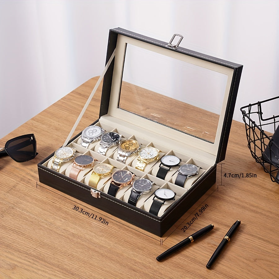 The Elegant Black Faux Leather Watch Storage Box is a popular choice for your timepiece collection. Whether you have 2, 6, 10, or 12 watches, this square flip-top design box will keep them safe and organized. The soft interior and pen holder add a touch