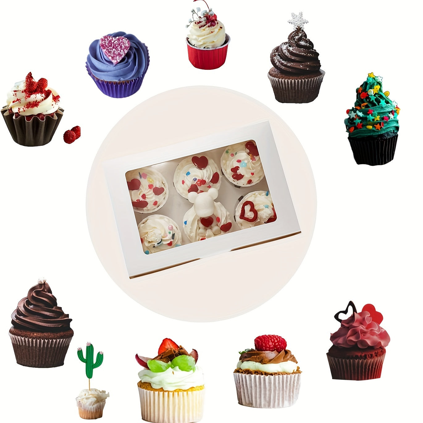 10 to 50 pieces of cupcake boxes in varying sizes (1, 2, 4, 6, 12 holes) with a transparent window. These white cardboard boxes are perfect for muffins, tarts, biscuits, snacks, desserts, and cakes. Ideal for use in cake houses, parties, bakeries, and as