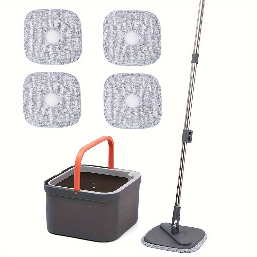 The All-in-One Spin Mop and Bucket Set includes 1 bucket, 1 stainless steel handle, and 4 reusable microfiber heads. This easy wringing flat mop is perfect for wet and dry floor cleaning in any room of the house, including the living room, bedroom