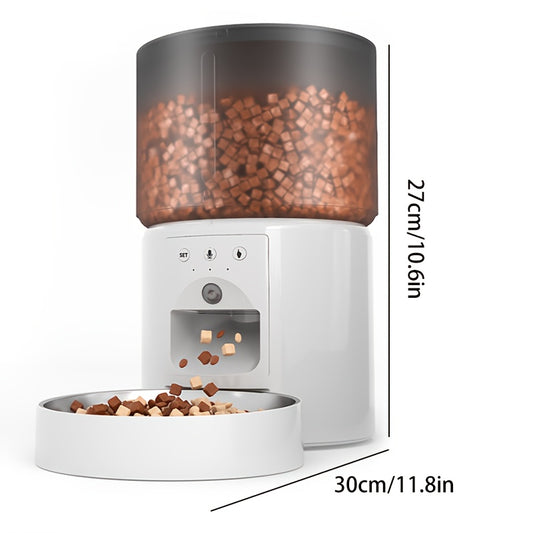 Automatic cat feeder with timed and quantitative feeding, large grain storage capacity, video and voice interactive features, three versions available, keeps food dry.