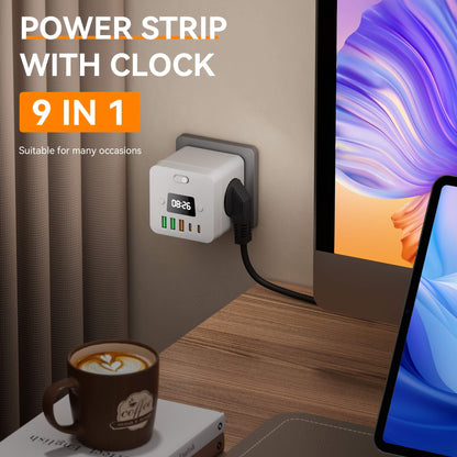 Advanced 9-in-1 power strip with surge protection, clock, 3 AC outlets, 5 USB-A ports, 2 USB-C ports, on/off switch, European plug and 220-240V. Ideal for home, office, travel and dorms.