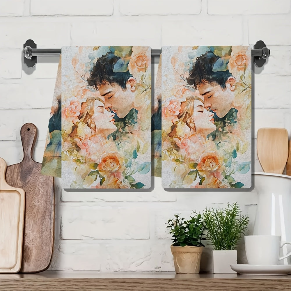 Set of 2 Romantic Floral Kitchen Towels - Made of Ultra Soft, Highly Absorbent Polyester Material, Each Towel Measures 40.64x60.96 cm. Easy to Clean with Machine Washable Feature. Ideal for Holiday Decor and Everyday Kitchen Use.