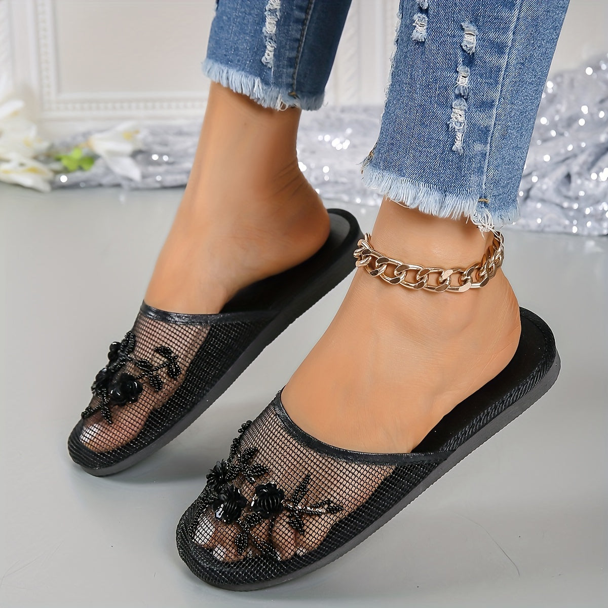 Women's Fashion Beaded Floral Slides - Lightweight Summer Indoor Shoes with Breathable Mesh, Almond Toe & EVA Sole