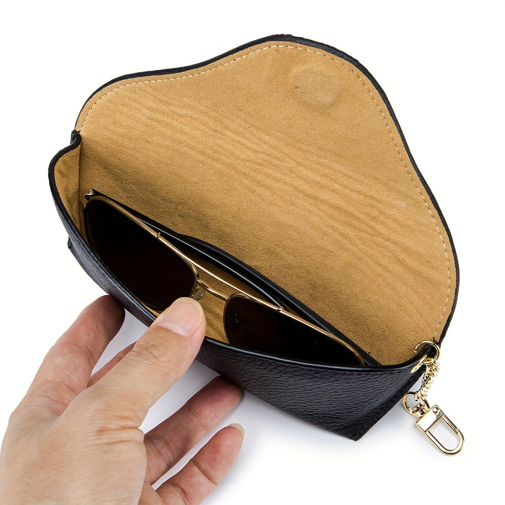 Portable eyeglasses case holder made of genuine leather with a magnetic closure, suitable for storing sunglasses and reading glasses.