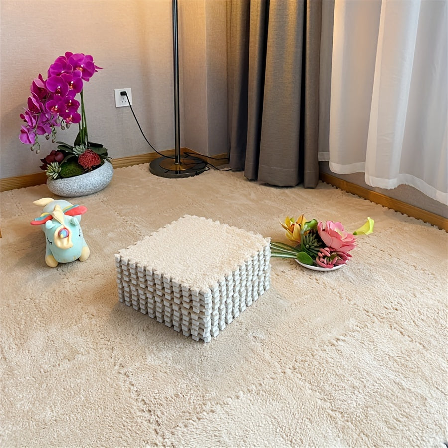 12 Piece Set of Interlocking Carpet Tiles for Bedroom and Living Room, Full Coverage, Thick and Warm Bedside Rug, Soft Non-Slip Mats, 29.97x29.97 cm, Washable, Made of Polyester and EVA Material, Machine-Made, Hand-Wash Recommended