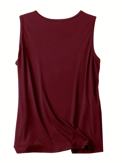 Katta o'lchamdagi ayollar uchun maroon rangidagi tank top, quvonchli yuz printi bilan, yengsiz, dumaloq bo'yin dizayni, cho'ziluvchan polyester aralashmasidan tayyorlangan. Mashinada yuvish mumkin.