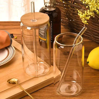 Set of drinking glasses with bamboo lids and glass straws; 16oz can shaped cups for beer, iced coffee and cocktails. Ideal gift for whiskey lovers.