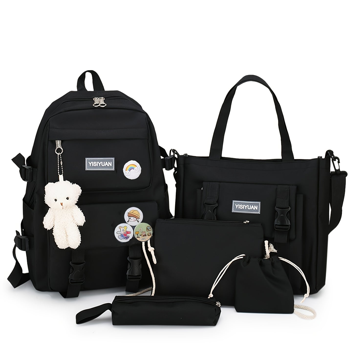 New stylish women's campus backpack with badge pendant, five-piece set