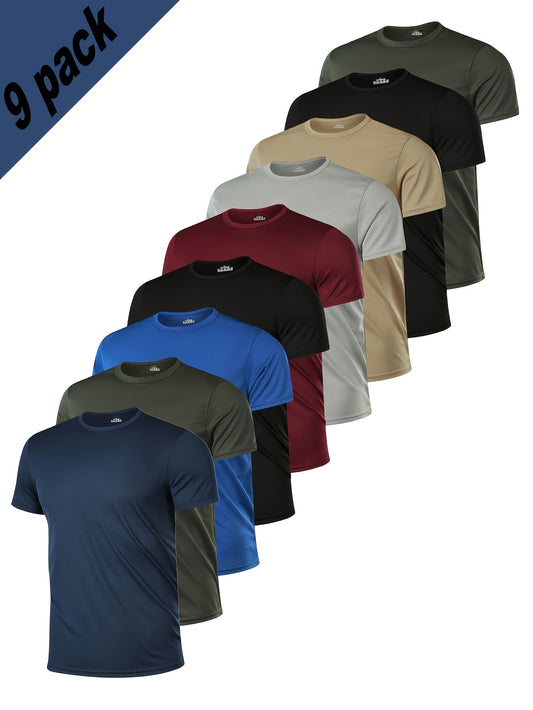 Men's Premium Short Sleeve T-Shirts, 9pcs - Breathable, Lightweight & Quick-Dry Polyester, Solid Colors for Casual & Fitness Wear, Crew Neck, Machine Washable.