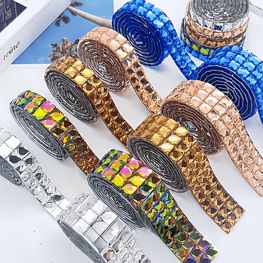 Glass rhinestone strips with self-adhesive backing for easy DIY decoration. Colorful patches perfect for craft projects, furniture, makeup cases, and accessories. Multiple sizes and sparkling diamond designs for a hobby-themed touch.