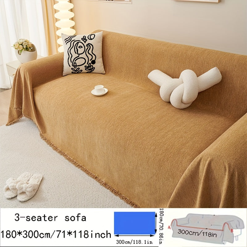 Contemporary chenille sofa throw, waterproof baby fleece cover, universal fit for all-season use. Features tassel embellishment and is machine washable. Made of 100% polyester, suitable for various furniture sizes in different rooms.