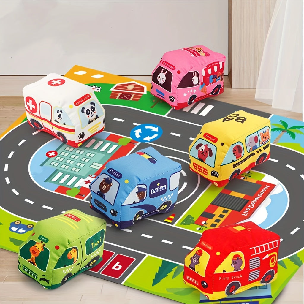 Cloth car toy for toddlers with storage bag, featuring sound paper and transportation-themed design.