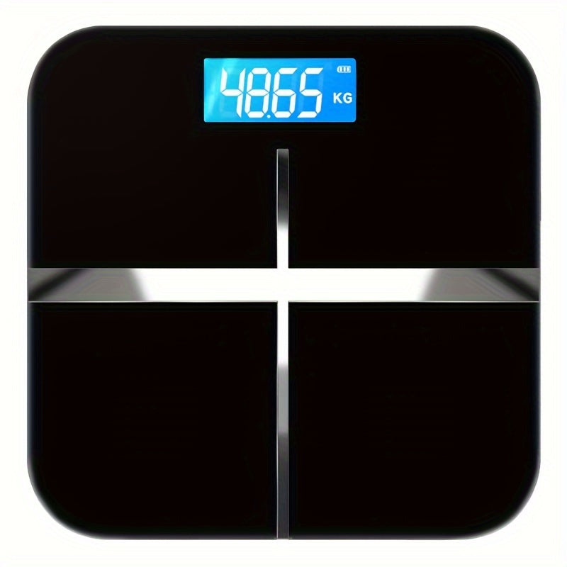 Modern black bathroom scale with 183.7 KG capacity, LCD display, sleek design for home use.