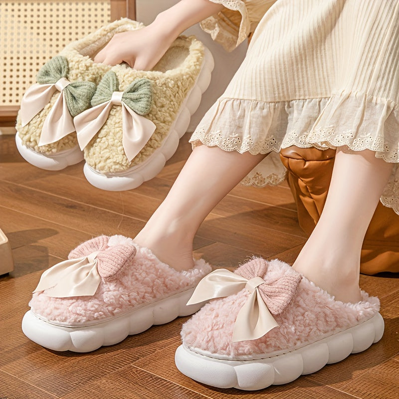 Women's winter warm plush slippers with bowknot detail and non-slip sole, perfect for autumn/winter indoor wear.