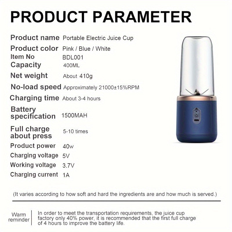 Compact 2-in-1 Blender and Juicer with 6 Stainless Steel Blades, Dual Cup Design, USB Rechargeable Battery, Small Capacity, Made of Durable Plastic. Perfect for Making Smoothies, Shakes, and Iced Drinks. Great Kitchen Accessory or Gift for Valentine's