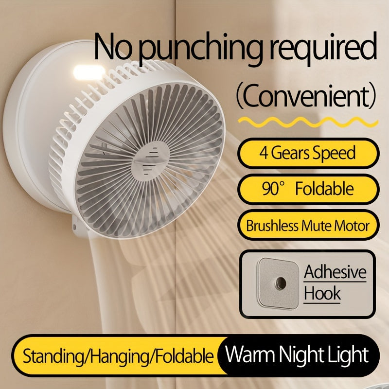 Versatile and Compact 3-in-1 Rechargeable Circulation Fan with Quiet Brushless Motor and Warm Night Light Feature - Perfect for Office, Home, and Outdoor Use - Includes Traceless Hook for Easy Mounting - Portable and Foldable Design with 4 Adjustable