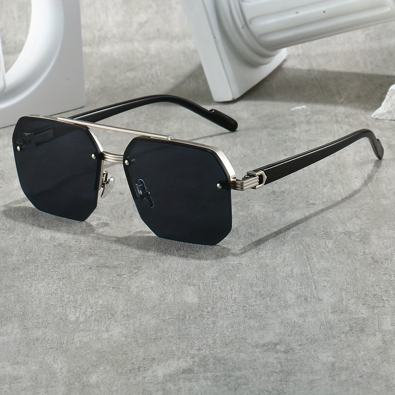 Half-frame square fashion glasses with sleek black alloy frame and PC lenses, perfect for daily wear and outdoor activities.