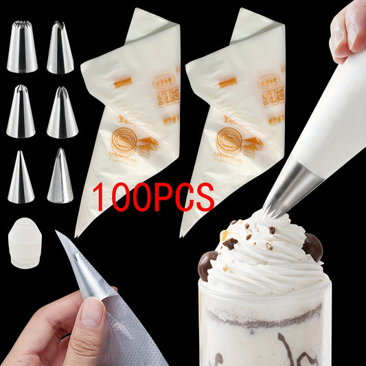 100 plastic pastry bags with tips, perfect for baking, cupcake decorating, cake decoration, dessert filling. Easy to fill and clean, disposable icing bags.