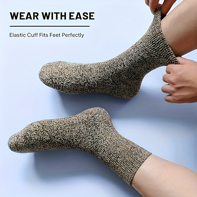 5 pairs of men's thick wool blend mid-calf winter socks in solid colors, soft and warm for casual or cold weather. Gift-ready packaging, quality fabric.