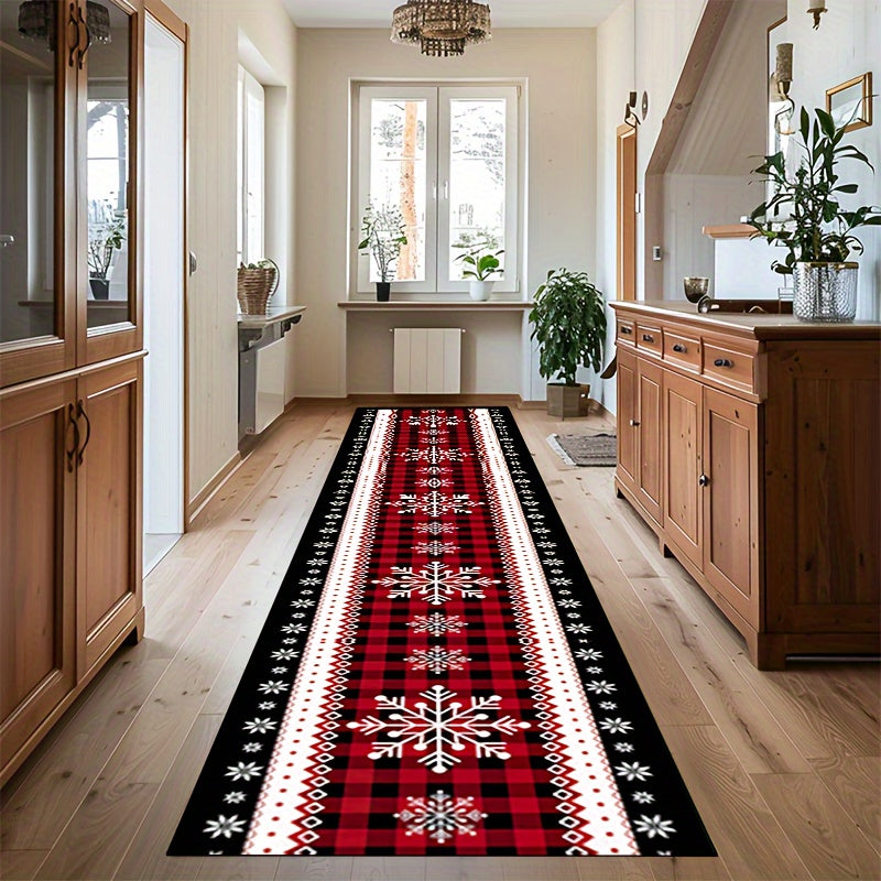 Christmas Snowflake Runner Rug in Festive Design, Non-Slip Polyester Tapestry, Machine Washable, Perfect Holiday Decor for Entryway, Living Room, Bedroom, Outdoor Patio, Garden - Features Black and Red Grid Design