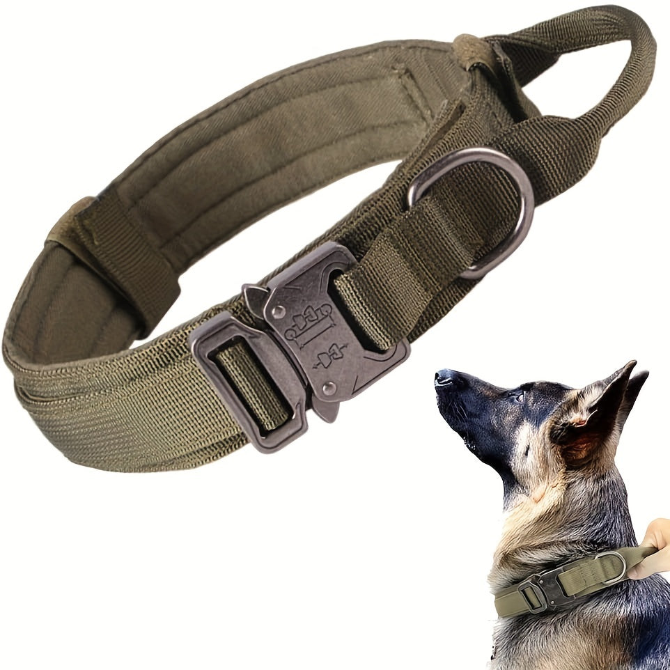 Adjustable tactical dog collar with heavy-duty metal buckle for training and walking.