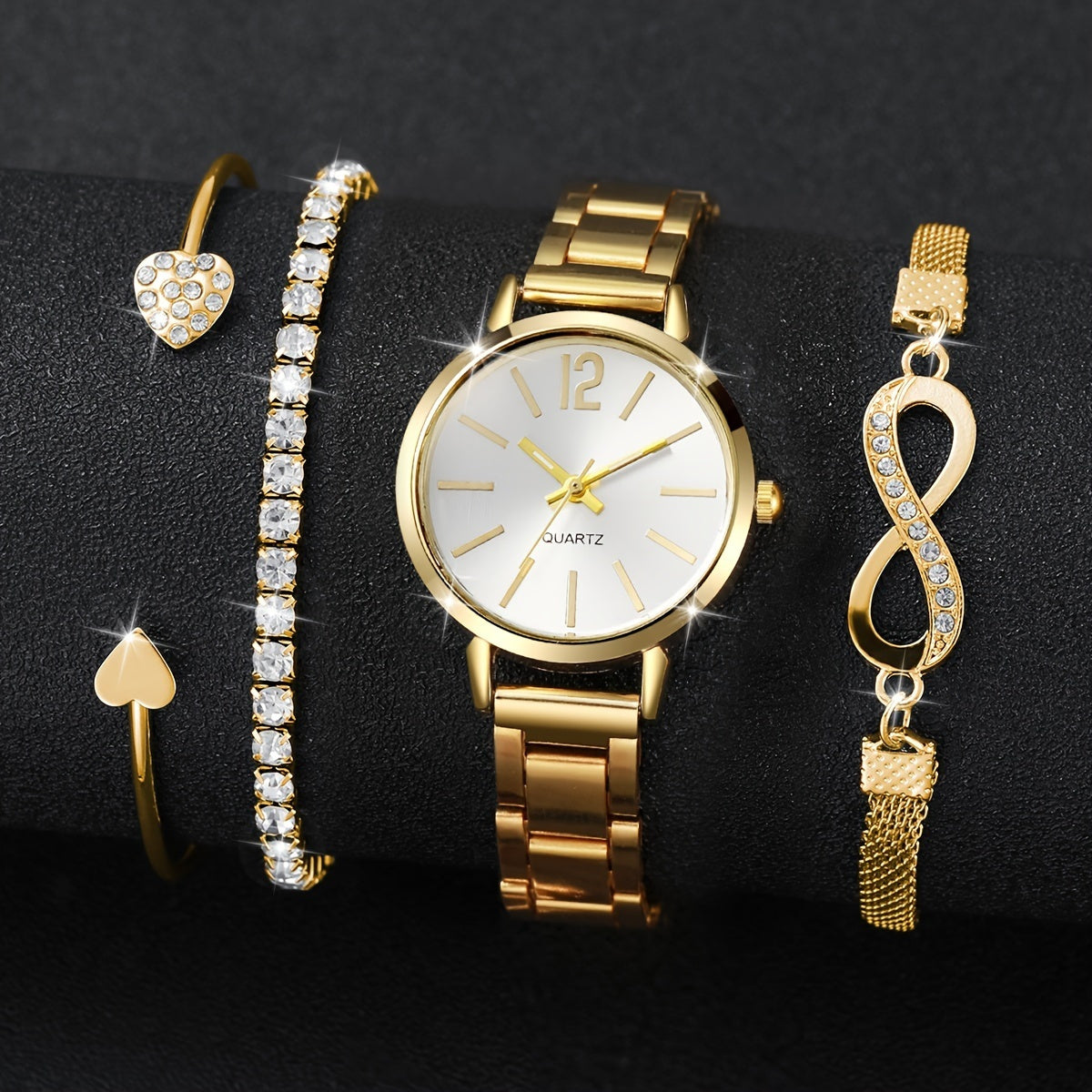 Elegant women's quartz watch and bracelet set with non-rechargeable battery, featuring a round alloy case and fashionable minimalist design. Stylish ladies' accessory (box not included).