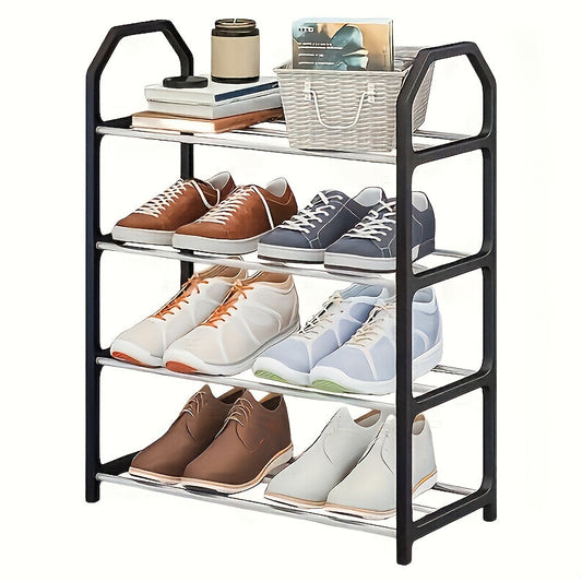 Stylish Black Shoe Rack with 4 Tiers, Sturdy Metal Construction - Easy to Assemble, No Unpleasant Odors. Perfect for Home or Business, Ideal for Entryway or Bedroom. Features White and Blue Shoes Display. Great Shoe Storage Solution.