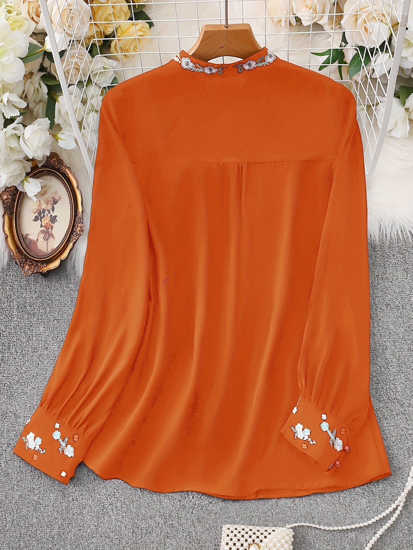 Floral Embroidered Button Front Blouse, Elegant Long Sleeve Women's Top for Spring and Fall