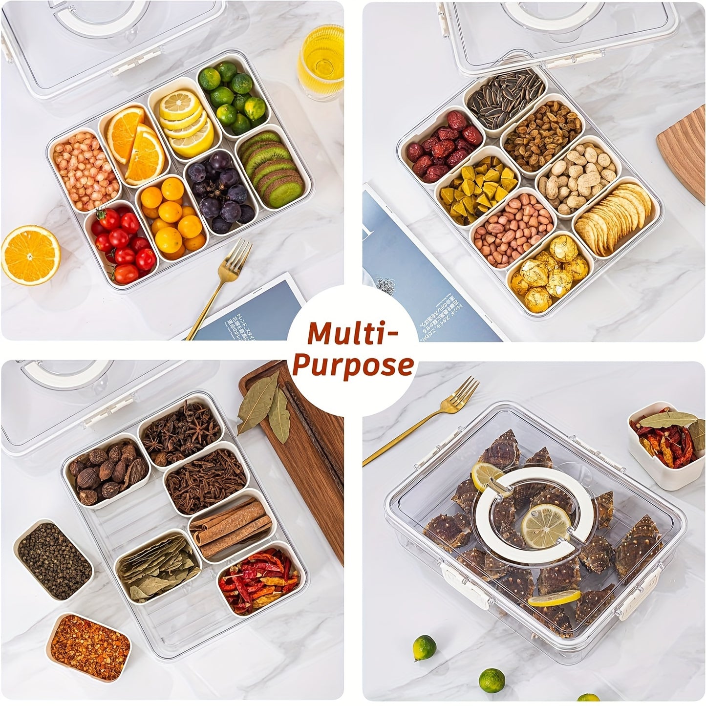 Single serving tray with lid, handle and divider for snacks, perfect for parties and entertaining.