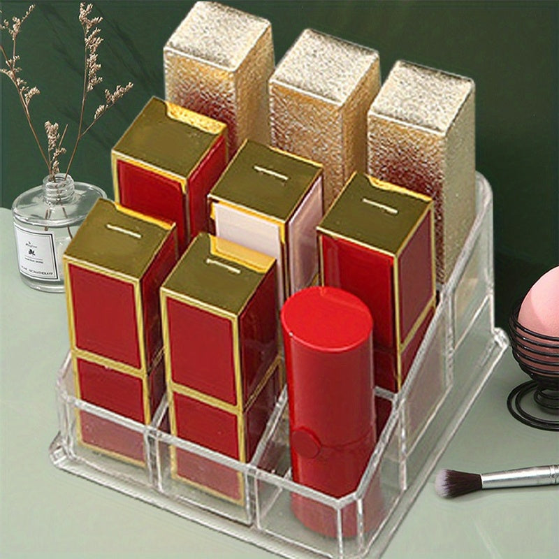 Transparent plastic organizer with grids for lipsticks, desktop storage for makeup