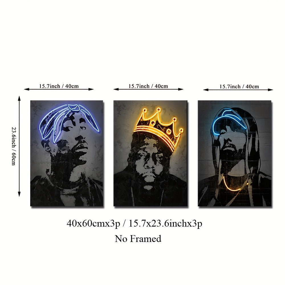 Neon Rapper Canvas Set - Hip-Hop Wall Decor, Frameless, Ideal for Various Rooms & Bar