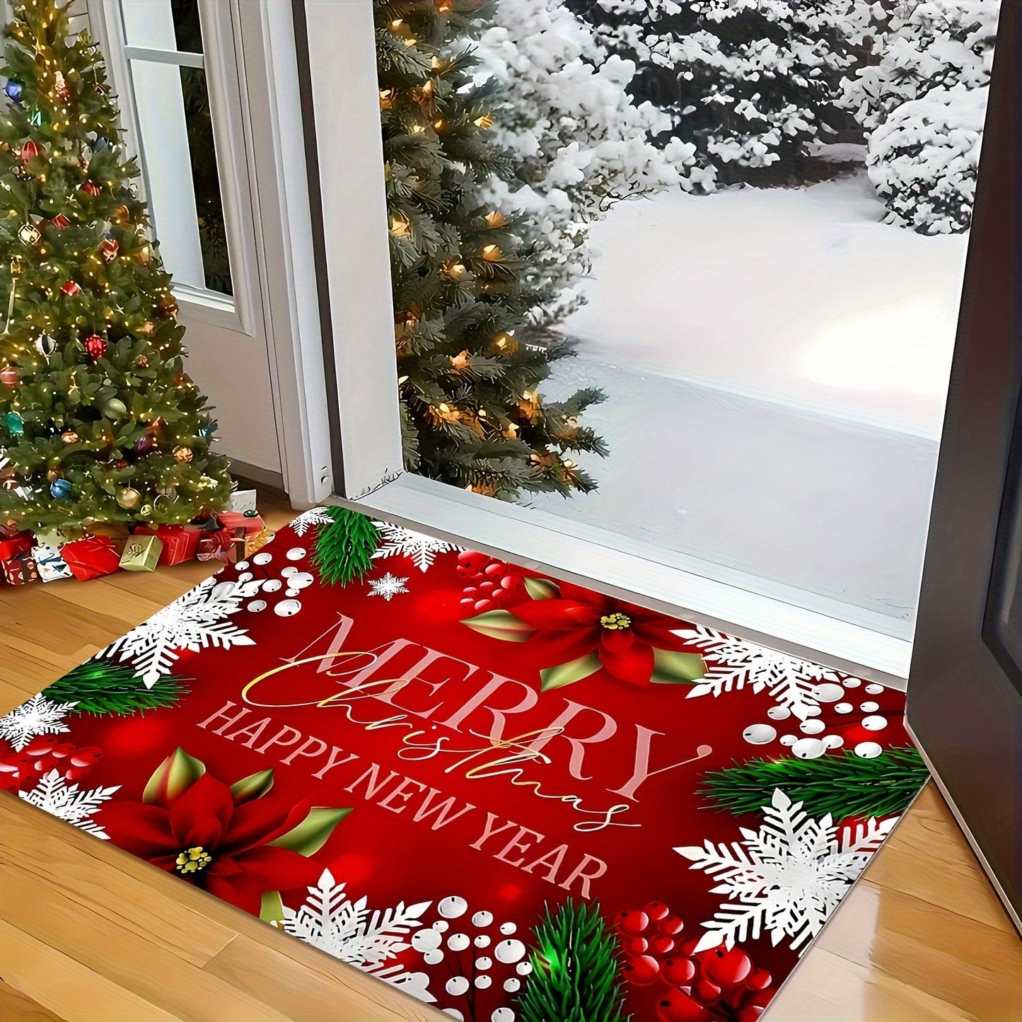 Christmas Red Door Mat - Large Non-Slip Entrance Rug - Indoor/Outdoor Camping Carpet - Absorbent Flannel Material - Machine Washable - 0.47-inch Thick - 600g/m² - Rectangular - Anti-Stain - Anti-Slip - Floral Pattern - Holiday Home Decor - Bedroom