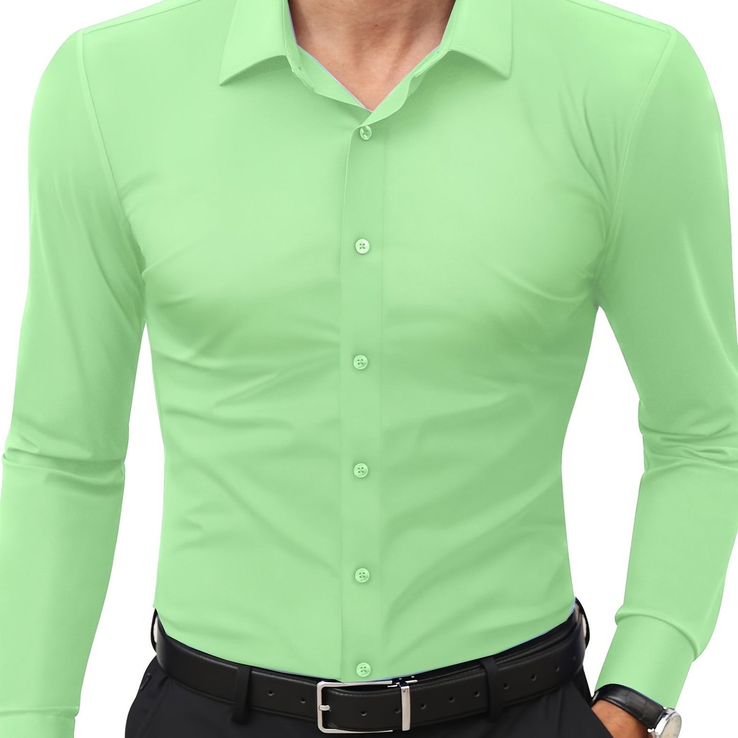 Slim fit long sleeve shirt for men made of 55% cotton, 40% polyester, and 5% spandex. Solid color with lapel collar, button-up closure, and all-season wear. Casual weekend wear, woven