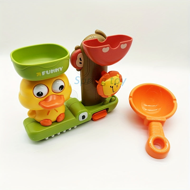 Colorful Cartoon Duck & Friends Water Play Set - Interactive Bath Toy with Suction Cup, Spraying & Rotating Feature in Orange/Green/Yellow - Durable ABS Resin for Bathtub Fun