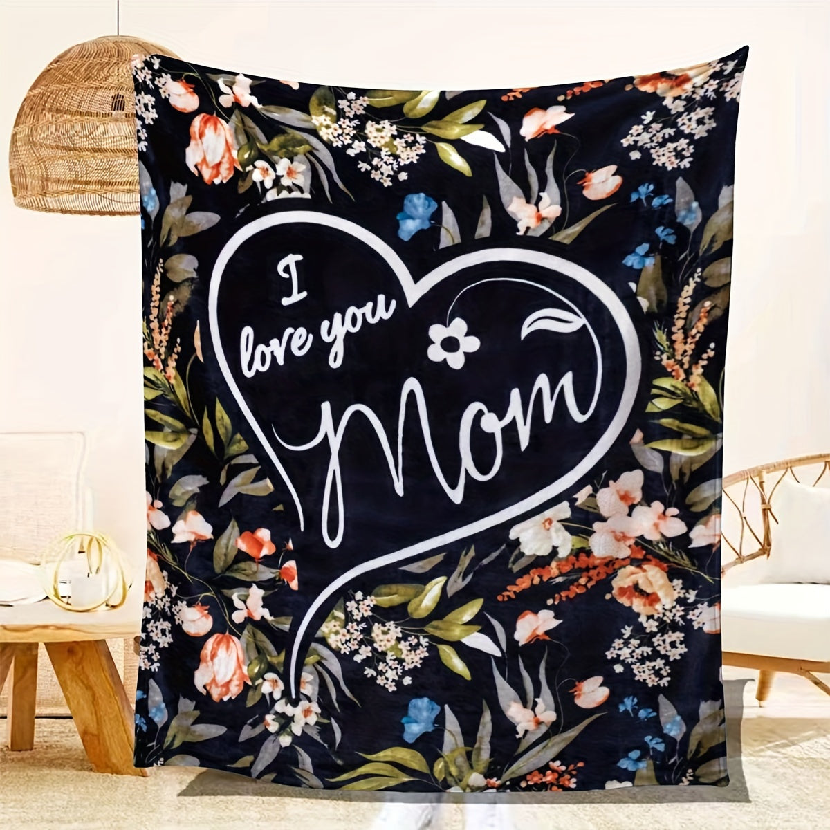 Flannel Fleece Throw Blanket with "I Love You Mom" Heart Design, Perfectly Cozy Gift for Mother, Year-Round Multipurpose Knit Fabric, Vibrant Digital Print, Stylish Asian-Inspired Design, Ideal for Birthdays & Holidays - Crafted from 100% Polyester