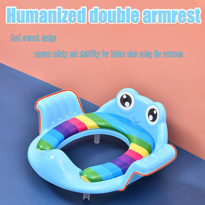 Cute cartoon toilet seat with training insert features frog & dolphin design. Portable, non-slip travel potty chair for boys & girls with urine splash guard. Versatile training set includes travel bag, suitable for children aged 3-12.