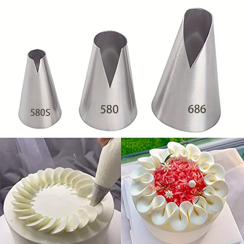 Set of 3 Durable Stainless Steel Russian Piping Tips - Unique V-Shaped Wave Nozzles for Decorating Pastries, Cupcakes, Cakes, and Cookies - Simple to Use Kitchen Tools