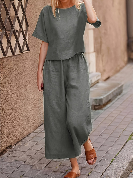 Casual Women's Crew Neck T-Shirt and Wide Leg Pants Set