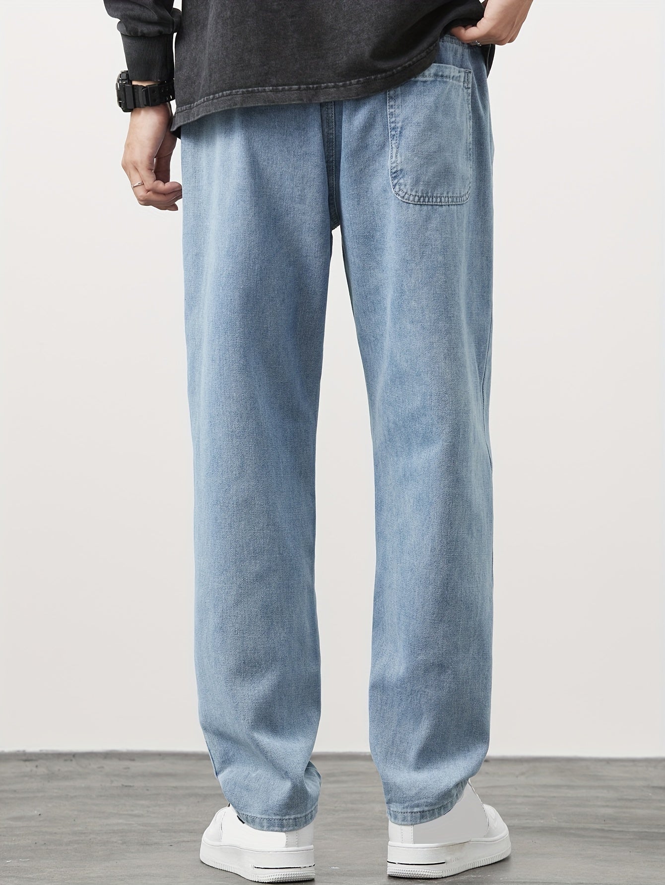 New style for Spring and Autumn 2024: Men's straight-leg denim pants from Japanese and Korean brand, Gengyuan. Loose fit, versatile, and fashionable drawstring sports casual cropped