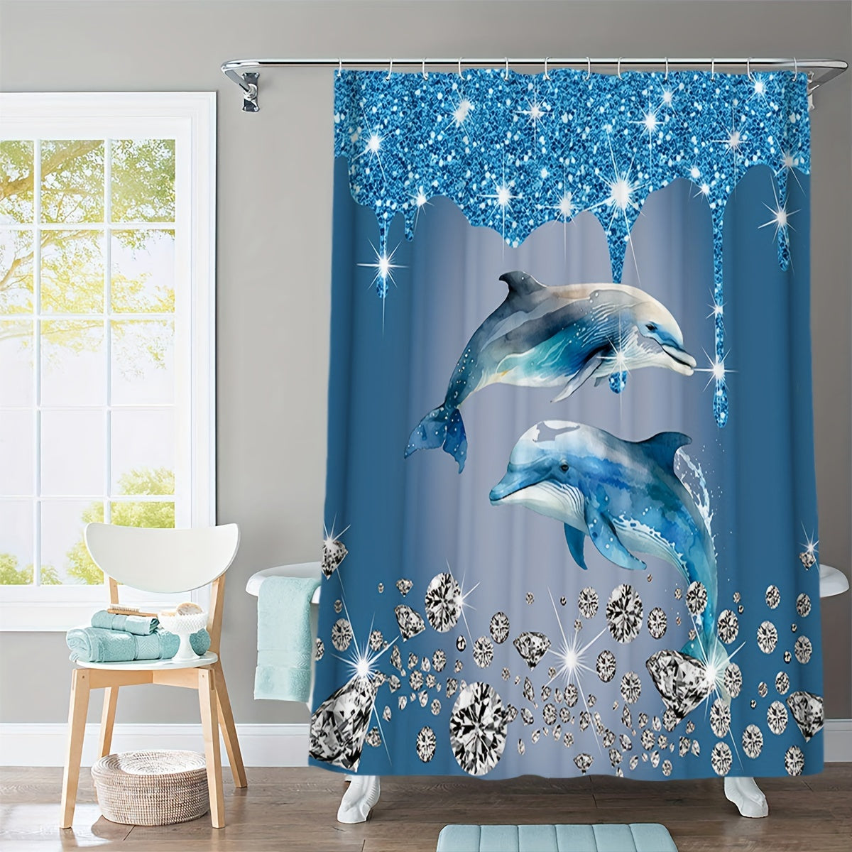 Dolphin-themed shower curtain set with bath mat & rug. Waterproof polyester, easy care. Ideal for ocean-themed bathroom decor.