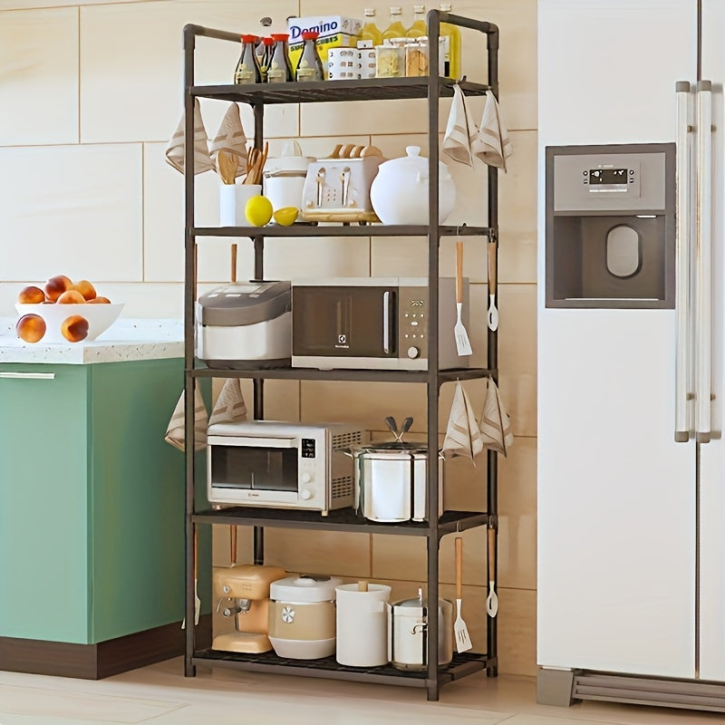 Multi-tier storage organizer rack with 1 piece construction - features 4 or 5 layers of plastic bracket shelves with a matte finish. Perfect for floor mounting in various spaces such as the kitchen, bathroom, or bedroom. Simple assembly, durable