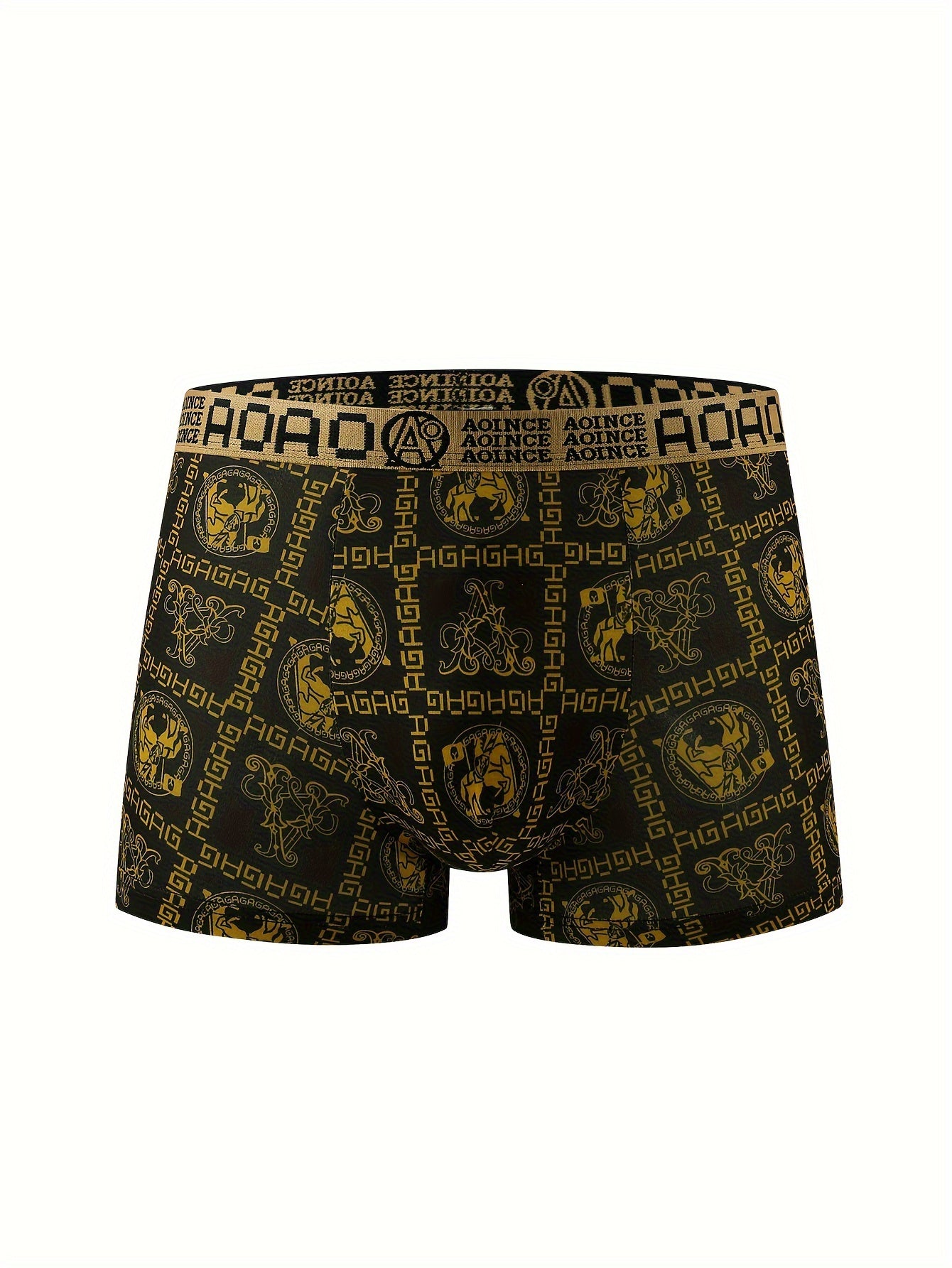 Set of 11 Men's Luxurious Black & Golden Boxer Briefs featuring Geometric Patterns, made of Breathable, Soft Polyester & Spandex Blend for Everyday Comfort.