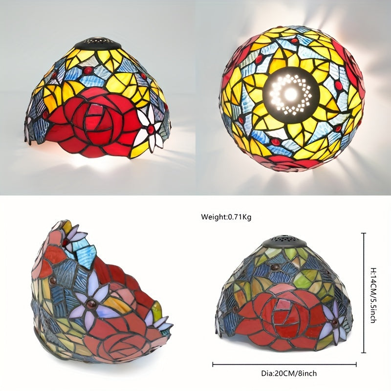 Handmade American Country Series Lampshade featuring a Floral Dragonfly and Baroque Rose Flower design. Made of Colored Glass, this lampshade is perfect for Table Lamps or Chandeliers. Measures 0.99cm on top, 20.32cm on the bottom.