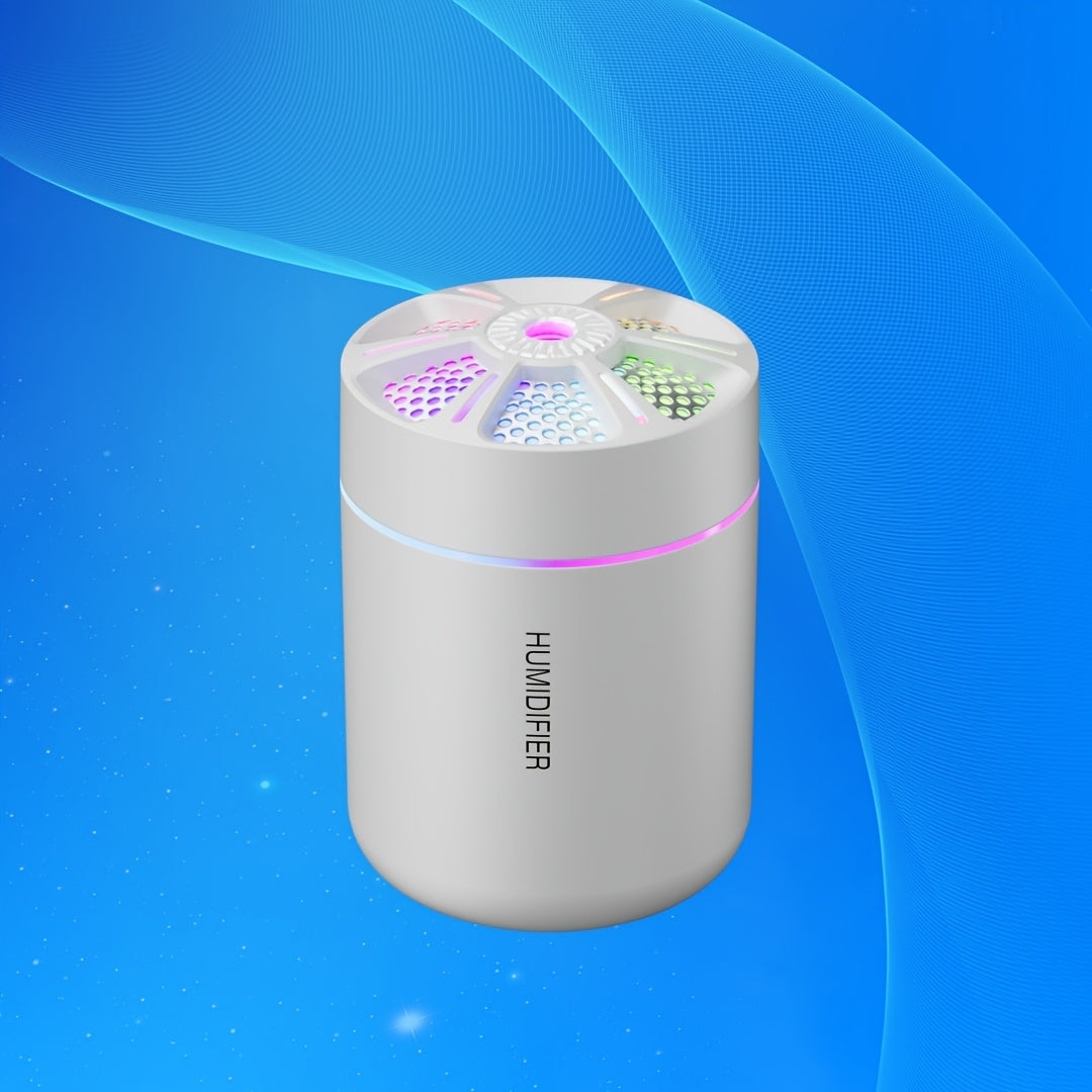 Mini ultrasonic humidifier with colorful gradient light, perfect for office, car, bedroom, and school. Made of plastic and USB powered.