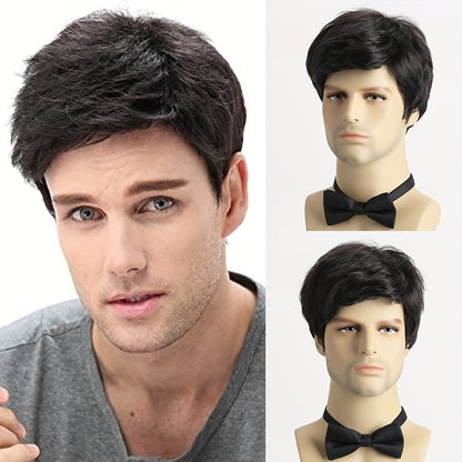 This stylish men's short curly wig features side bangs and is made of 10-inch synthetic fiber that is heat resistant and non-textile material. The black color and funky style make it perfect for everyday wear, parties, Halloween, and role-playing.