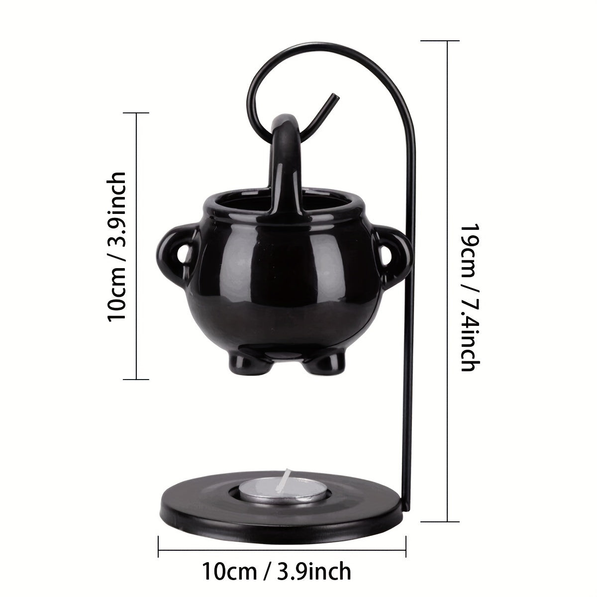 Black ceramic cauldron oil burner with iron holder, glossy finish, aroma diffuser and wax melt warmer, tealight candle holder for home decor. No incense needed.