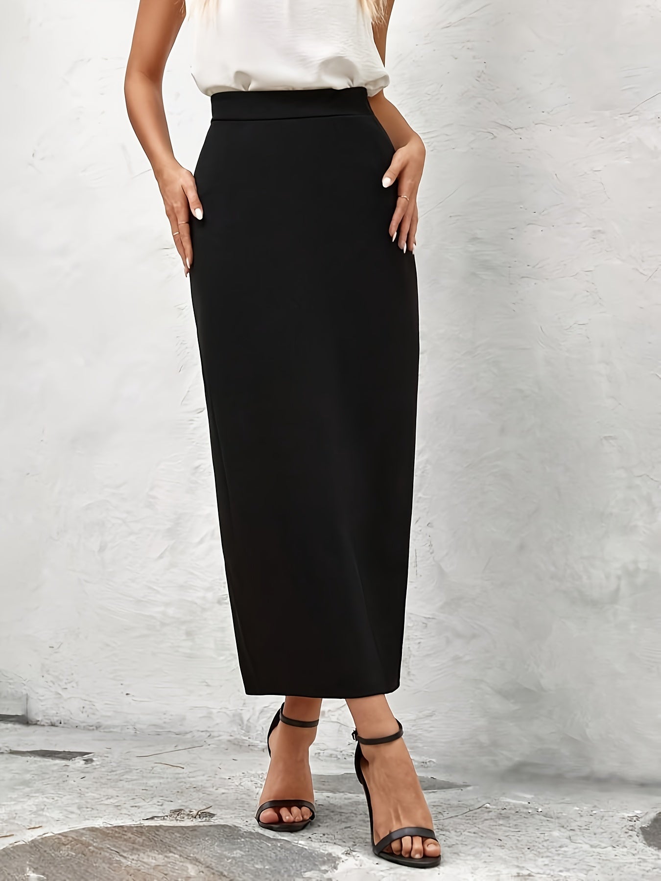 High waist split skirt in solid color, ankle length for spring/summer.