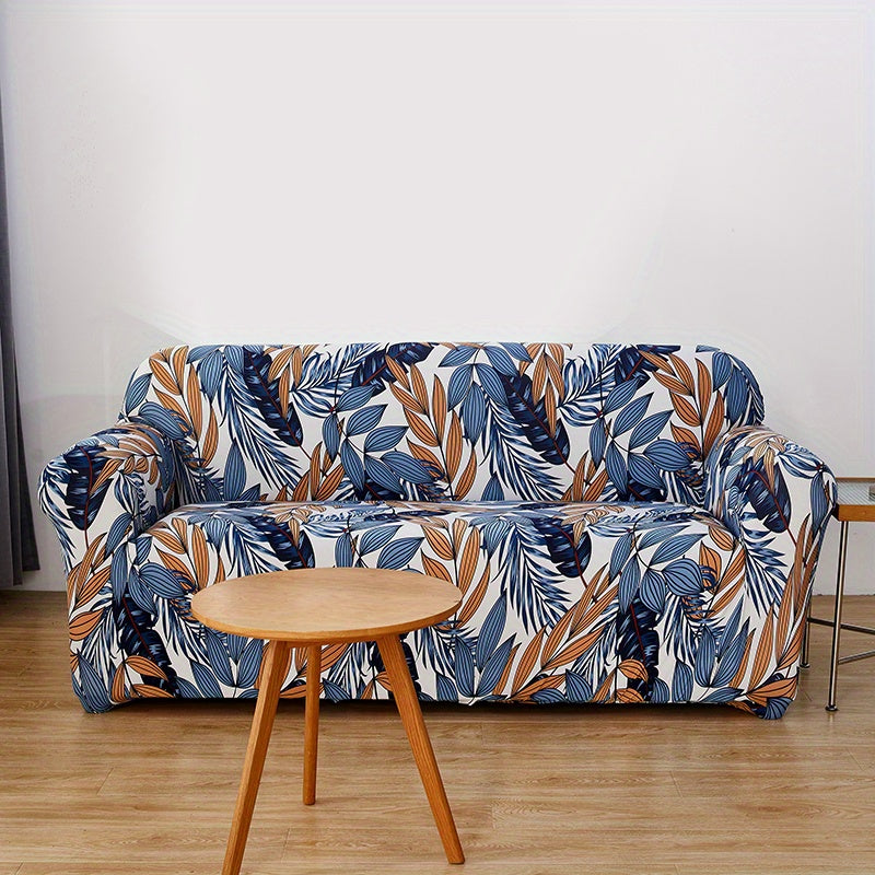 Modern printed sofa slipcover with elastic closure, made of 95% polyester and 5% spandex. Machine washable with active printing and stitched craftsmanship. Fits armchairs to sectional sofas, weighing 100-120gsm fabric.