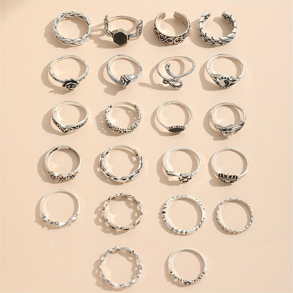 A collection of 22 vintage-inspired oil drop gossip snake eye rose carved joint rings suitable for both men and women.