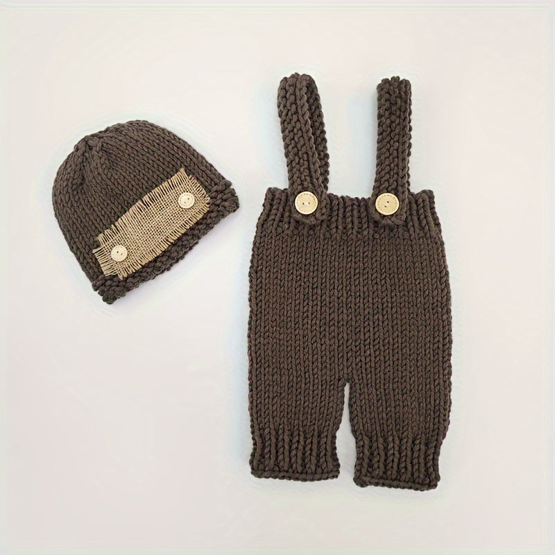 Knitted Photography Costume Set with Adorable Crochet Button Hat and Pants Overalls, Perfect for Photography Props